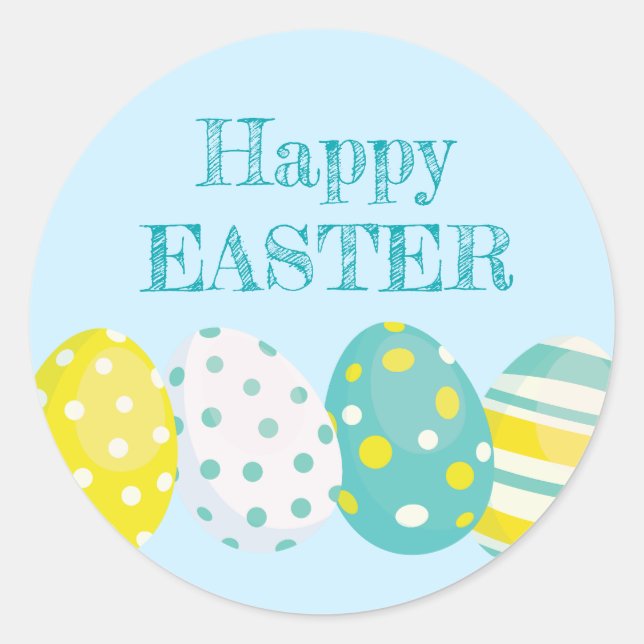 Happy Easter Colorful Eggs Blue Background Classic Round Sticker (Front)