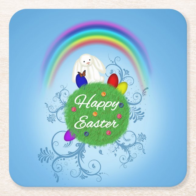 Happy Easter Colorful Planet Square Paper Coaster (Front)