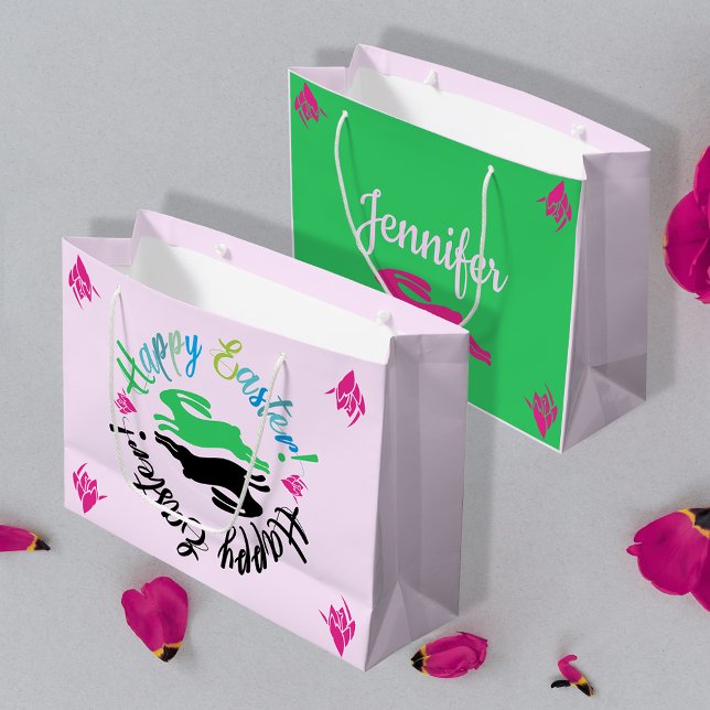 Happy Easter Colour Blush Pink Black Green Bunnies Large Gift Bag (Creator Uploaded)