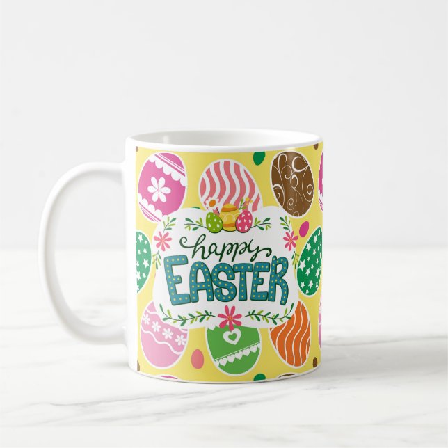 Happy Easter Colourful Easter Eggs Pattern Yellow Coffee Mug (Left)