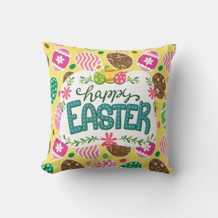 Happy Easter Colourful Easter Eggs Pattern Yellow Cushion