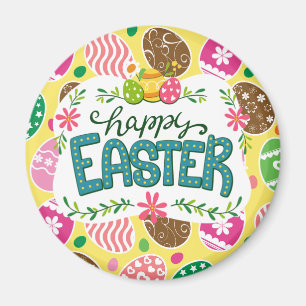 Happy Easter Colourful Easter Eggs Pattern Yellow Magnet