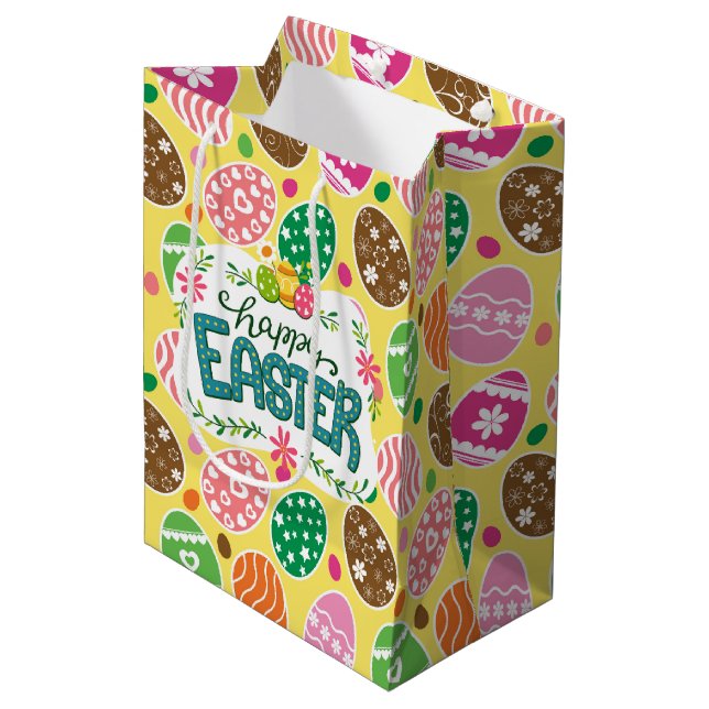Happy Easter Colourful Easter Eggs Pattern Yellow Medium Gift Bag (Front Angled)
