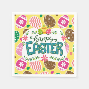 Happy Easter Colourful Easter Eggs Pattern Yellow Napkin