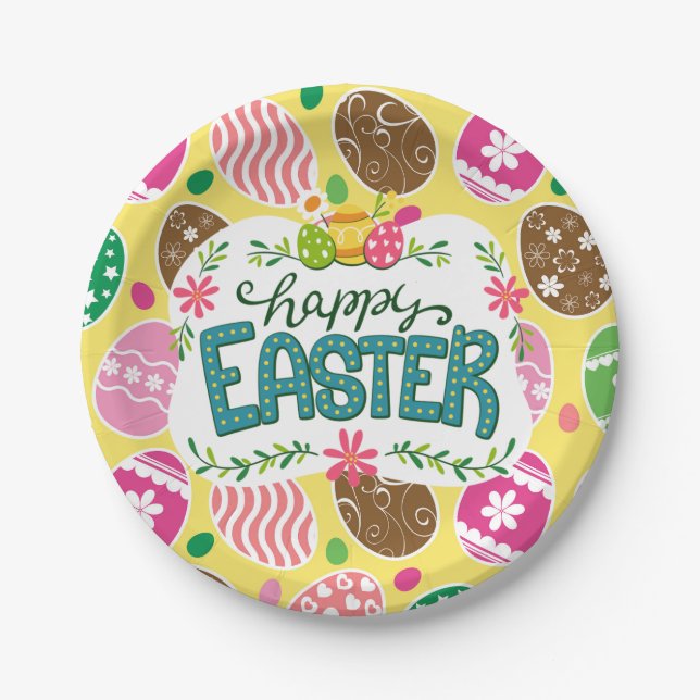 Happy Easter Colourful Easter Eggs Pattern Yellow Paper Plate (Front)