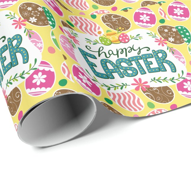 Happy Easter Colourful Easter Eggs Pattern Yellow Wrapping Paper (Roll Corner)