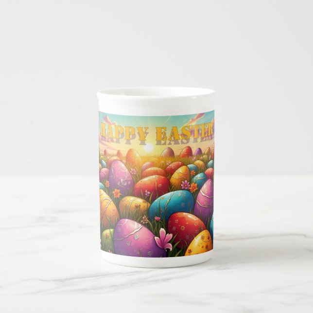 Happy Easter Colourful Eggs in Spring Meadow Bone China Mug (Front)