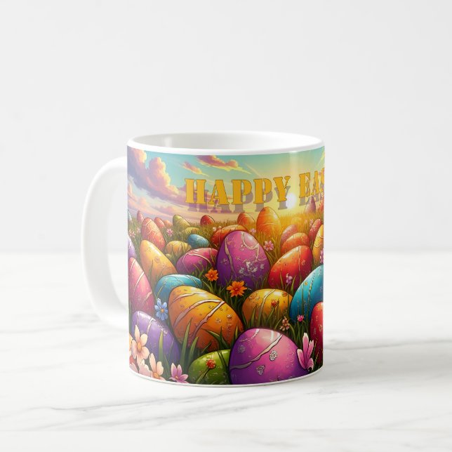 Happy Easter Colourful Eggs in Spring Meadow Coffee Mug (Front Left)