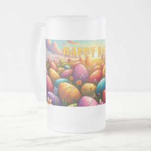 Happy Easter Colourful Eggs in Spring Meadow Frosted Glass Beer Mug