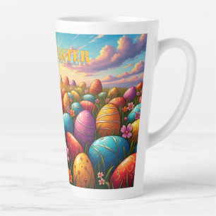 Happy Easter Colourful Eggs in Spring Meadow Latte Mug