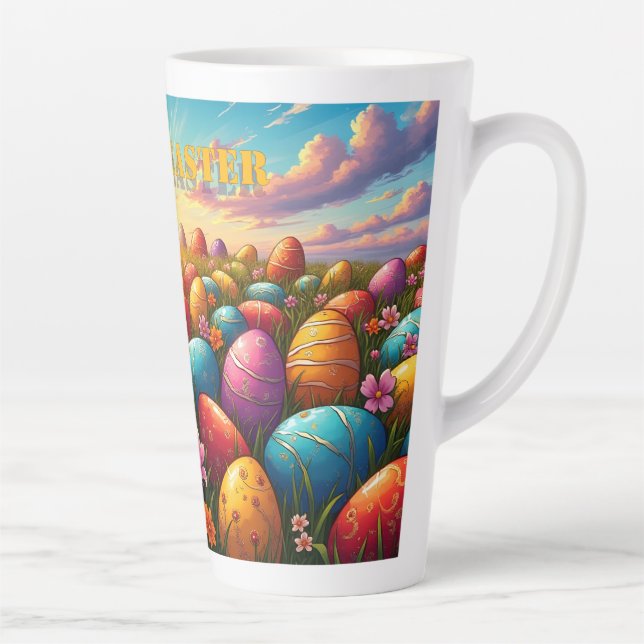 Happy Easter Colourful Eggs in Spring Meadow Latte Mug (Right)