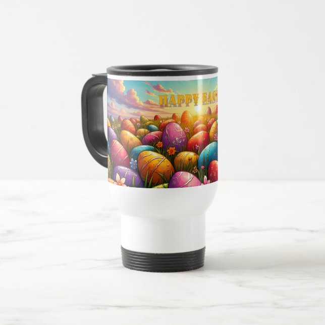 Happy Easter Colourful Eggs in Spring Meadow Travel Mug (Front Left)