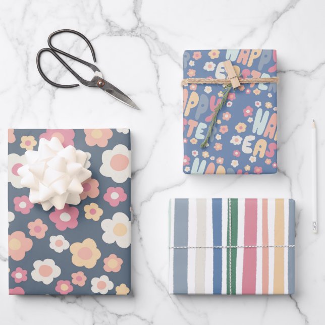Happy Easter Colourful Modern Stripes Daisies Cute Wrapping Paper Sheet (Front)