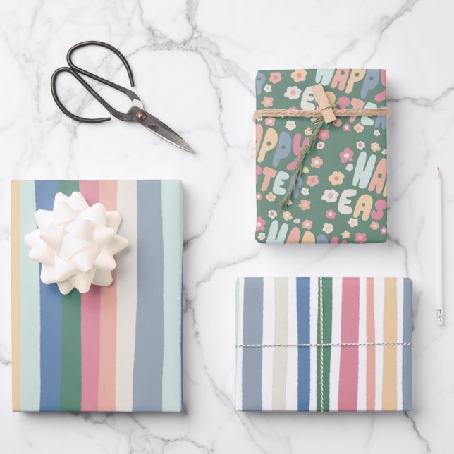Happy Easter Colourful Modern Stripes Pink Blue  Wrapping Paper Sheet (Front)