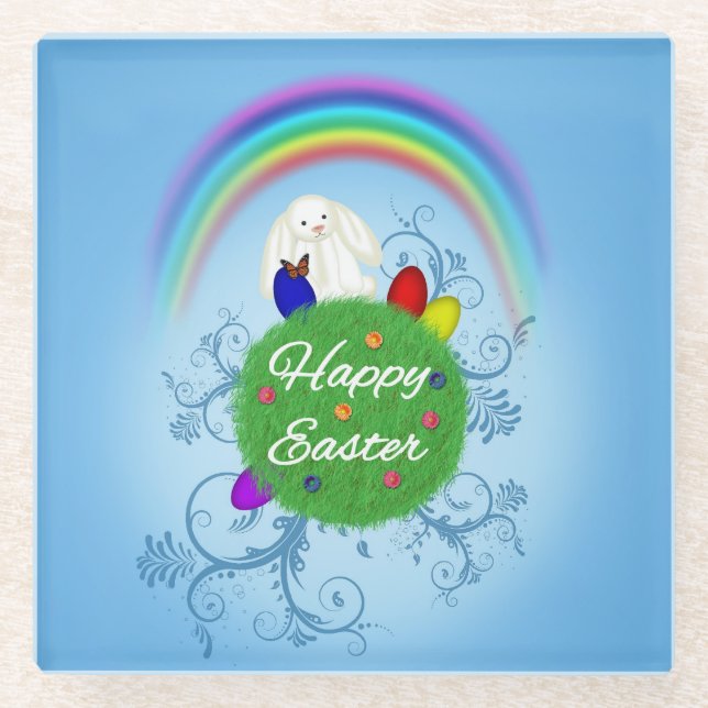 Happy Easter Colourful Planet Glass Coaster (Front)
