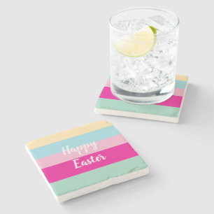 Happy Easter Colourful Stripes Pattern Stone Coaster