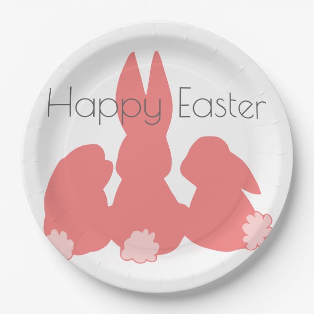 Happy Easter - Coral Easter Bunnies Paper Plates (Front)
