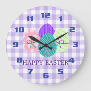 Happy Easter Country Lavender Gingham Pattern Cute Large Clock