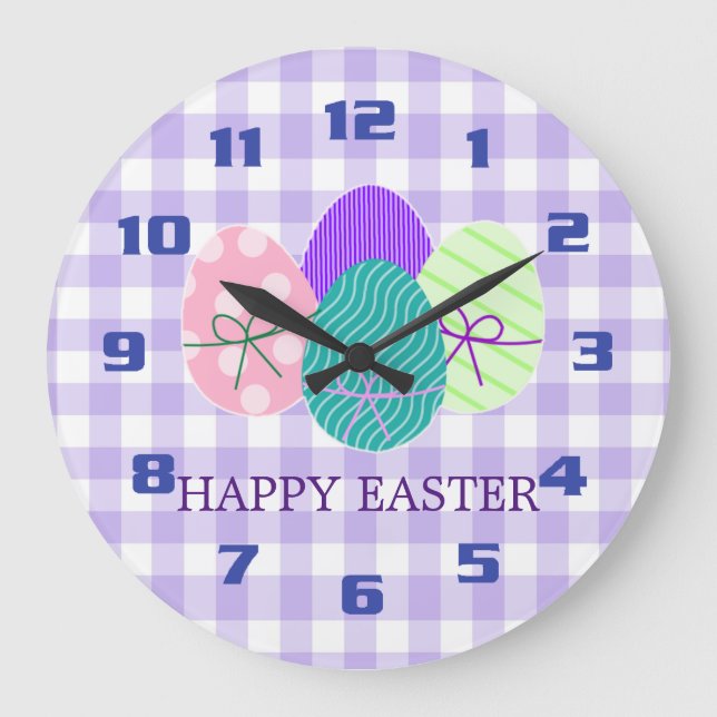 Happy Easter Country Lavender Gingham Pattern Cute Large Clock (Front)
