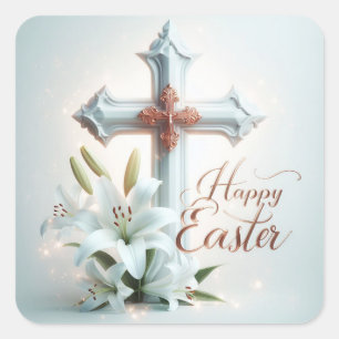Happy Easter, Cross and Lilies  Square Sticker