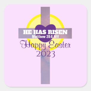 Happy Easter Cross Bible Verse Custom Year Purple Square Sticker