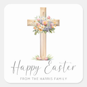 Happy Easter Cross Floral Square Sticker