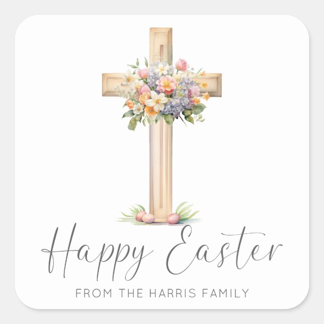 Happy Easter Cross Floral Square Sticker (Front)
