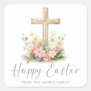 Happy Easter Cross Floral Square Sticker