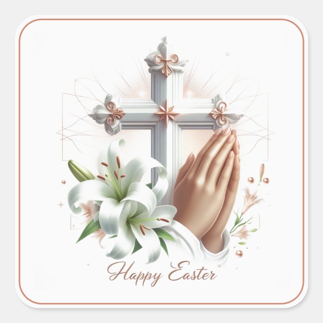 Happy Easter, Cross, Lilies and Praying Hands Square Sticker (Front)