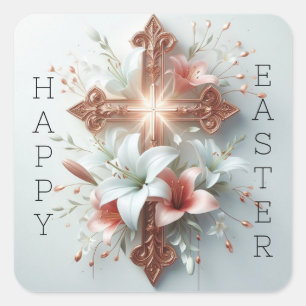 Happy Easter Cross with Easter Lilies  Square Sticker