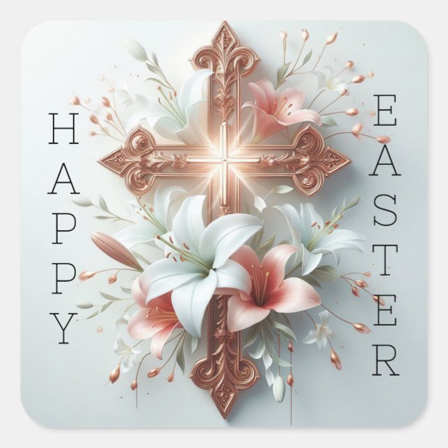 Happy Easter Cross with Easter Lilies  Square Sticker (Front)