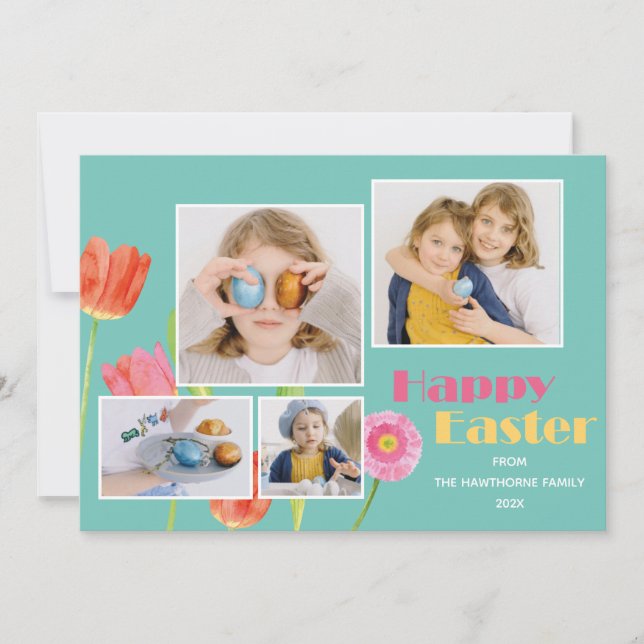 "Happy Easter" Custom 4 Photo modern floral Holiday Card (Front)