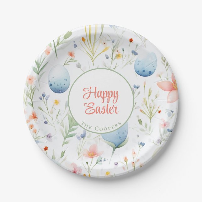 Happy Easter | Custom Name | Floral Paper Plate (Front)