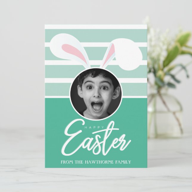 "Happy Easter" Custom Photo Easter Bunny Ears Holiday Card (Standing Front)