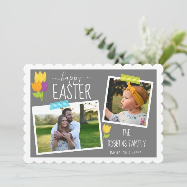 Happy Easter Custom Photo Washi Tape Tulip  Holida Holiday Card (Standing Front)