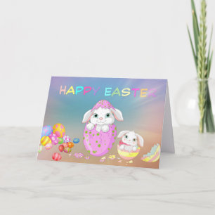 Happy Easter Cute Bunnies and Easter Eggs  Card