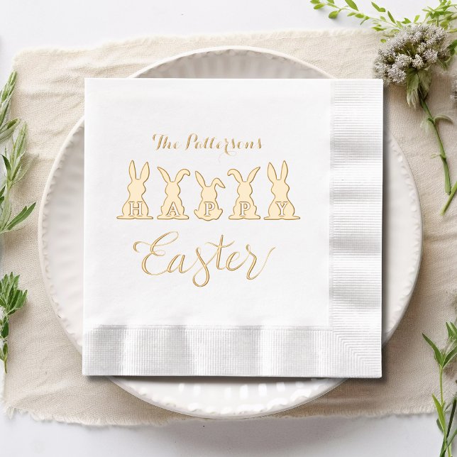Happy Easter Cute Bunnies Personalised Name Foil Napkins (Creator Uploaded)
