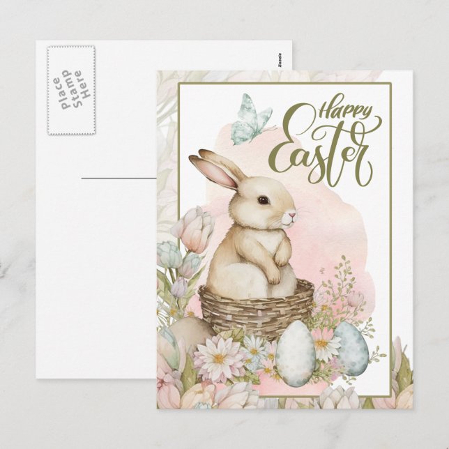 Happy Easter. Cute Bunny and Eggs  Holiday Postcard (Front/Back)