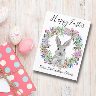 happy easter cute bunny and floral wreath family postcard