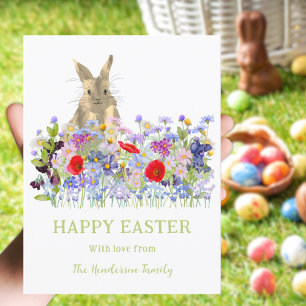 Happy Easter Cute Bunny and Wildflowers Custom Holiday Postcard