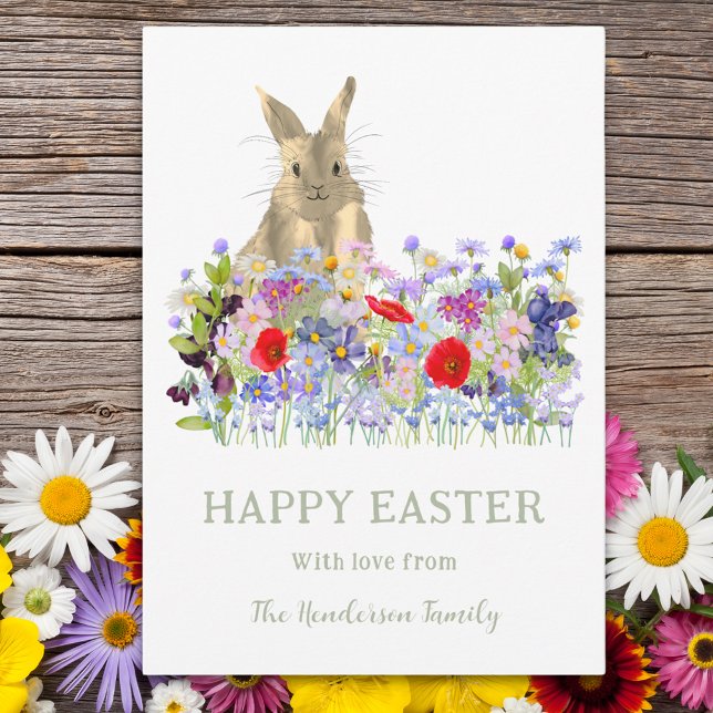 Happy Easter Cute Bunny and Wildflowers Holiday Card (Happy  Easter bunny watercolor wildflowers custom flat holiday card)