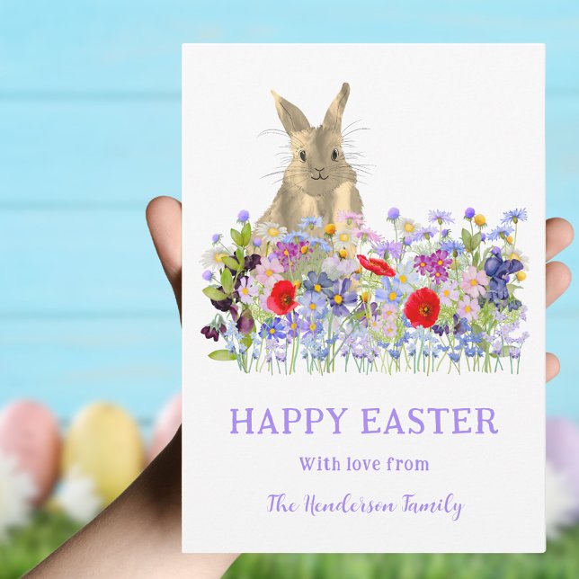 Happy Easter Cute Bunny and Wildflowers Holiday Card (Easter Bunny Floral personalized holiday greetings card)