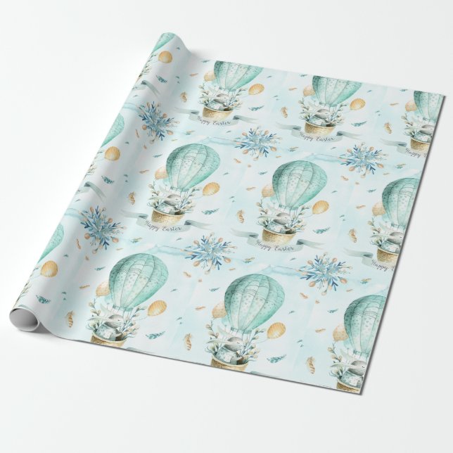 Happy Easter Cute Bunny & Balloons Pattern Wrapping Paper (Unrolled)