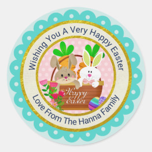 Happy Easter, Cute Bunny Basket & Colourful Eggs Classic Round Sticker