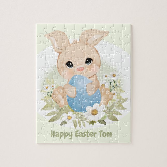 Happy Easter Cute Bunny Blue Egg Personalised Name Jigsaw Puzzle (Vertical)