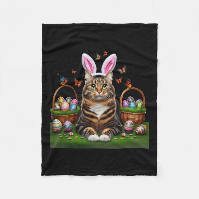 Happy Easter Cute Bunny Cat Eggs Basket Easter Cat Fleece Blanket (Front)