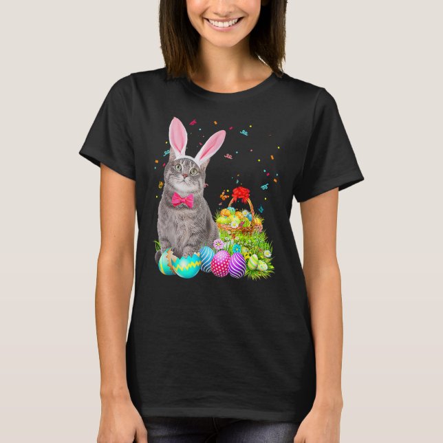 Happy Easter Cute Bunny Cat Eggs Basket Men Women  T-Shirt (Front)