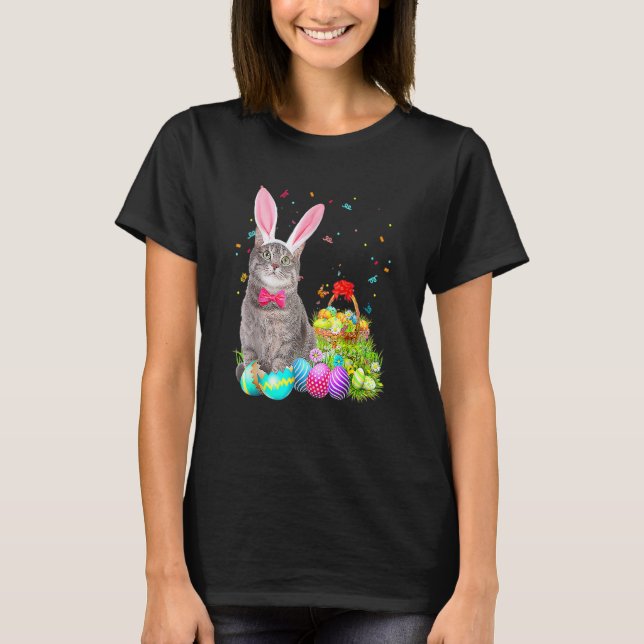 Happy Easter Cute Bunny Cat Eggs Basket Men Women  T-Shirt (Front)
