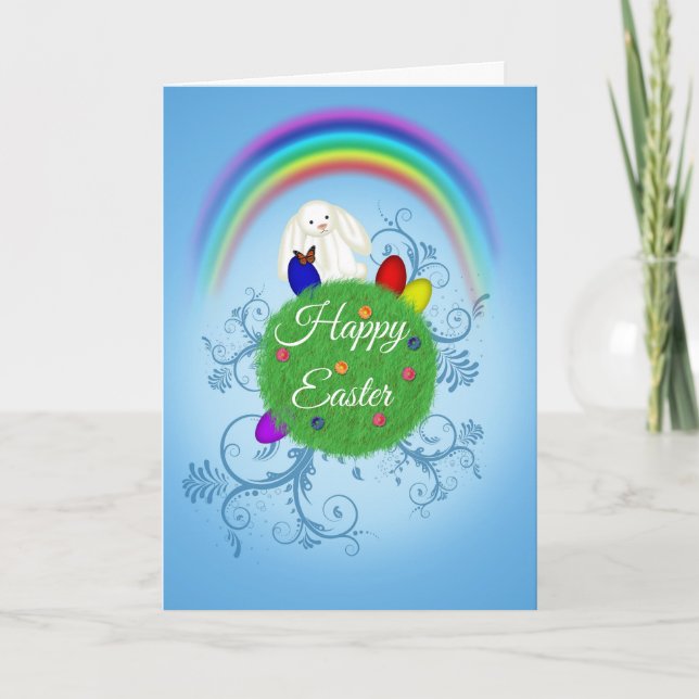 Happy Easter Cute Bunny Colorful Planet & Rainbow Holiday Card (Front)