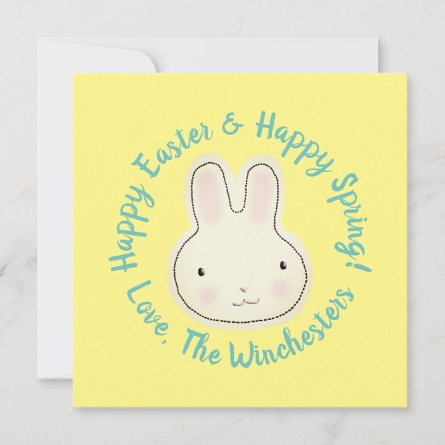 Happy Easter cute bunny custom script text yellow Card (Front)